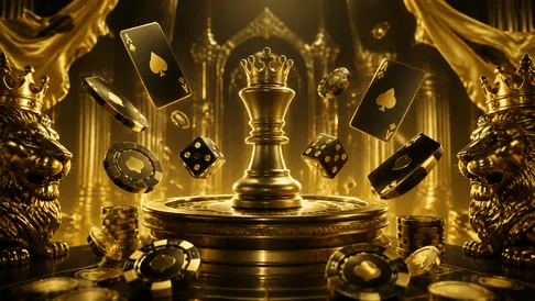 A luxurious casino-themed hero banner for Kingia with an emphasis on opulence and grandeur, featuring a roulette wheel with g